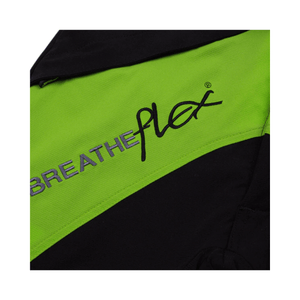 Detail of Arbortec Breatheflex Chainsaw Trousers in black and lime, showcasing breathable and lightweight fabric.