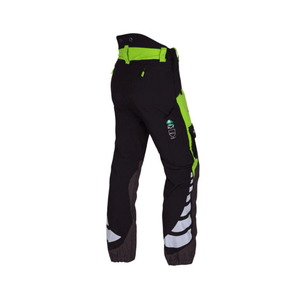 Breatheflex Chainsaw Trousers in black and lime, designed for tree surgeons with breathable and lightweight features.