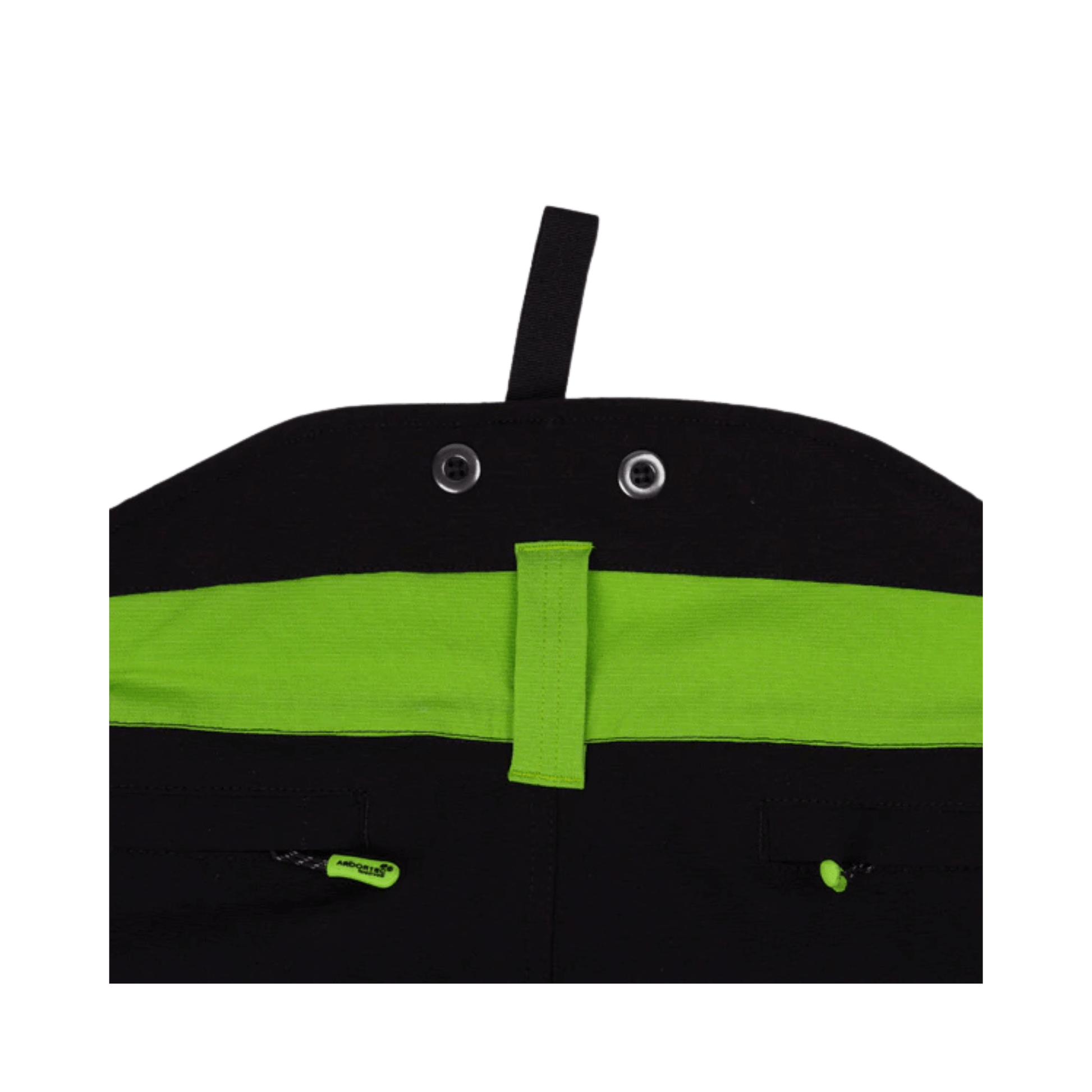 Black and lime waistband of Arbortec Breatheflex Chainsaw Trousers designed for tree surgeons.