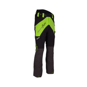 Breatheflex Chainsaw Trousers in Black and Lime, lightweight and breathable for tree surgeons and forestry workers.