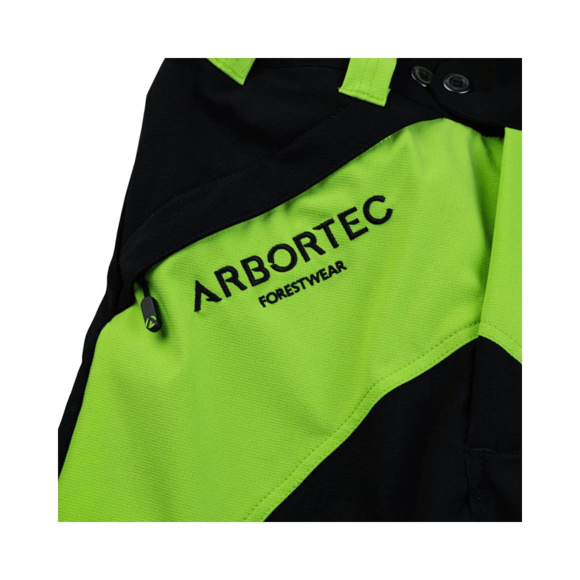 Breatheflex Chainsaw Trousers Black/Lime Type C Class 2 close-up detailing of Arbortec branding in green and black.