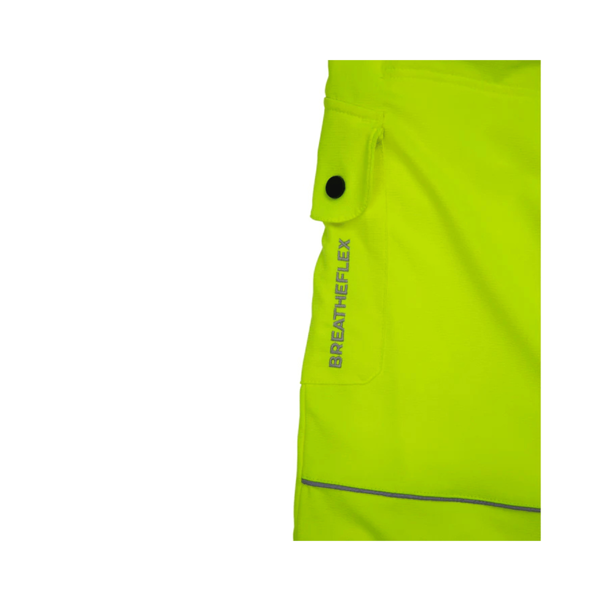 Breatheflex Chainsaw Trousers Design C Class 1 Hi-Vis Yellow close-up view showing pocket and branding.