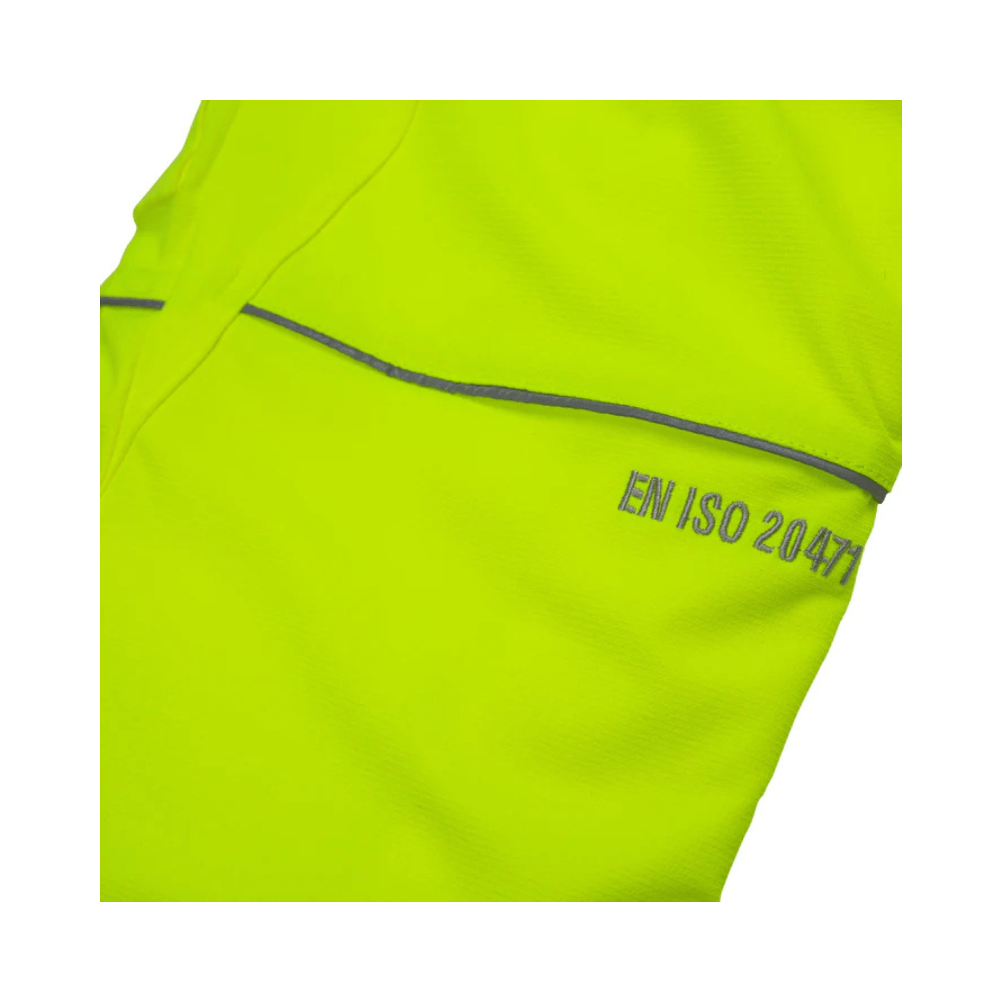 Breatheflex Chainsaw Trousers Design C Class 1 Hi-Vis Yellow close-up showing EN ISO 20471 certification details.