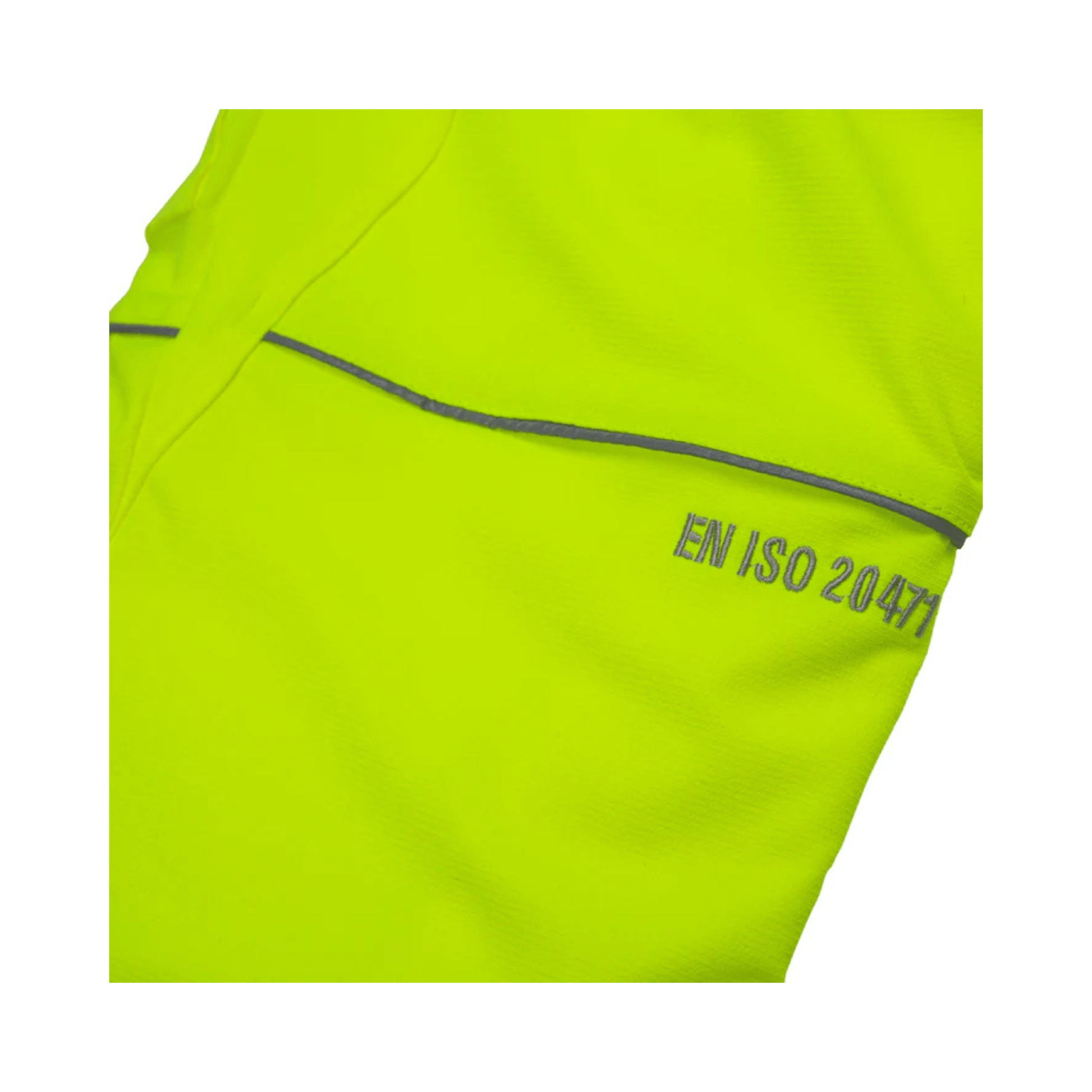 Breatheflex Chainsaw Trousers Design C Class 1 Hi-Vis Yellow close-up showing EN ISO 20471 certification details.