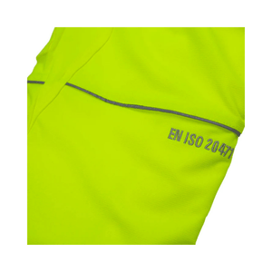 Breatheflex Chainsaw Trousers Design C Class 1 Hi-Vis Yellow close-up showing EN ISO 20471 certification details.