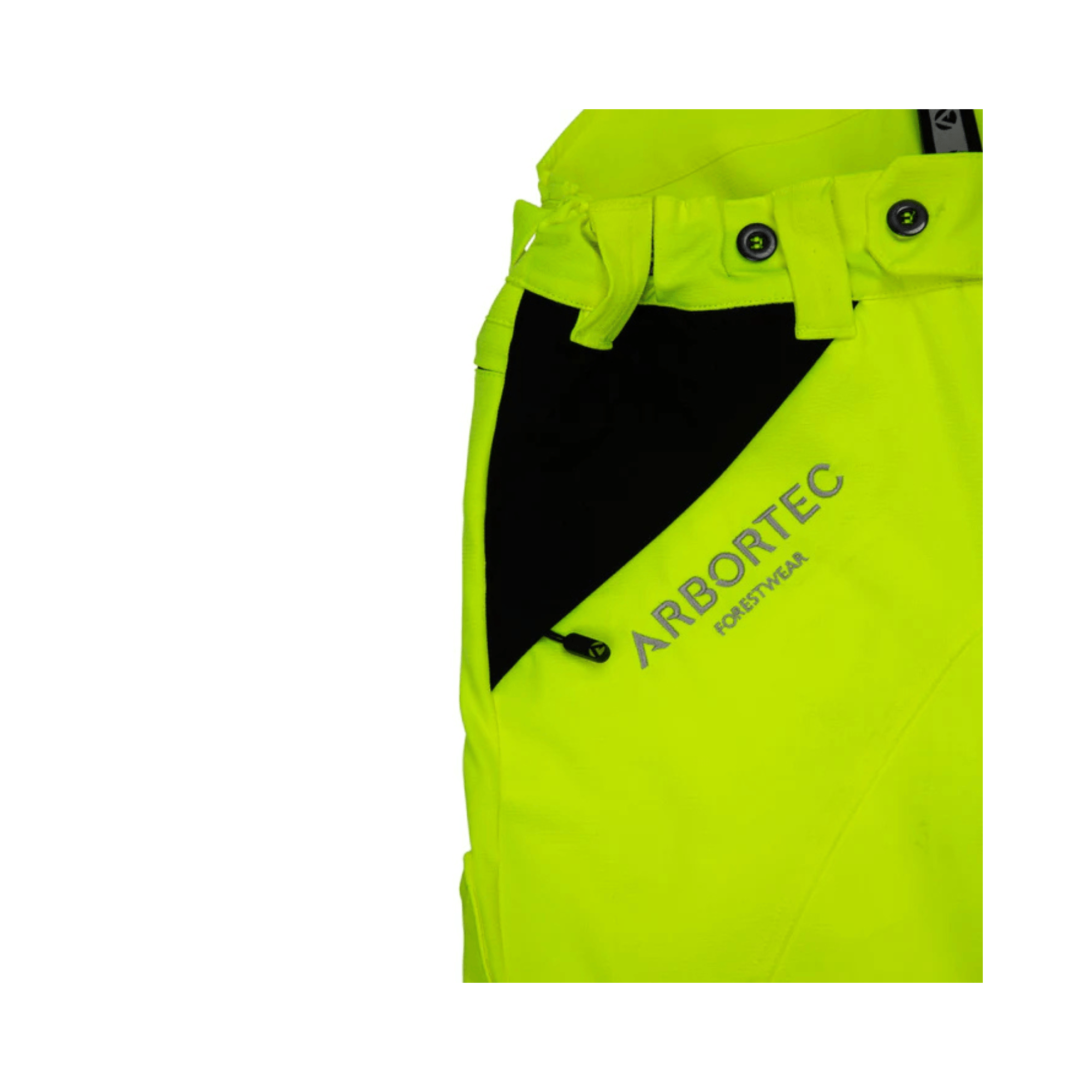 Breatheflex Chainsaw Trousers Design C Class 1 Hi-Vis Yellow close-up showing stylish design and safety features.