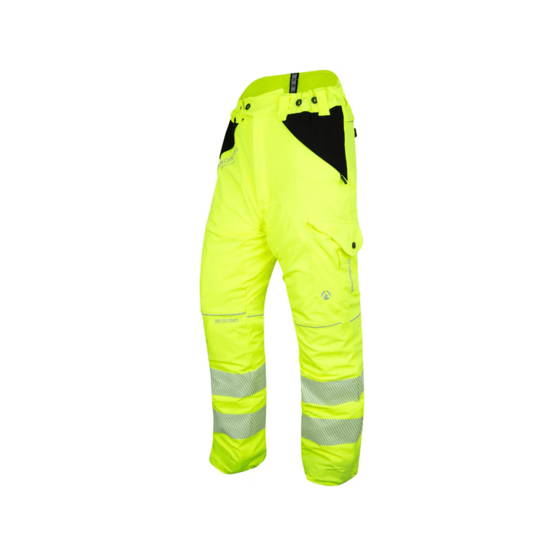 Breatheflex Chainsaw Trousers Design C Class 1 Hi-Vis Yellow for tree surgeons, featuring reflective stripes for safety.