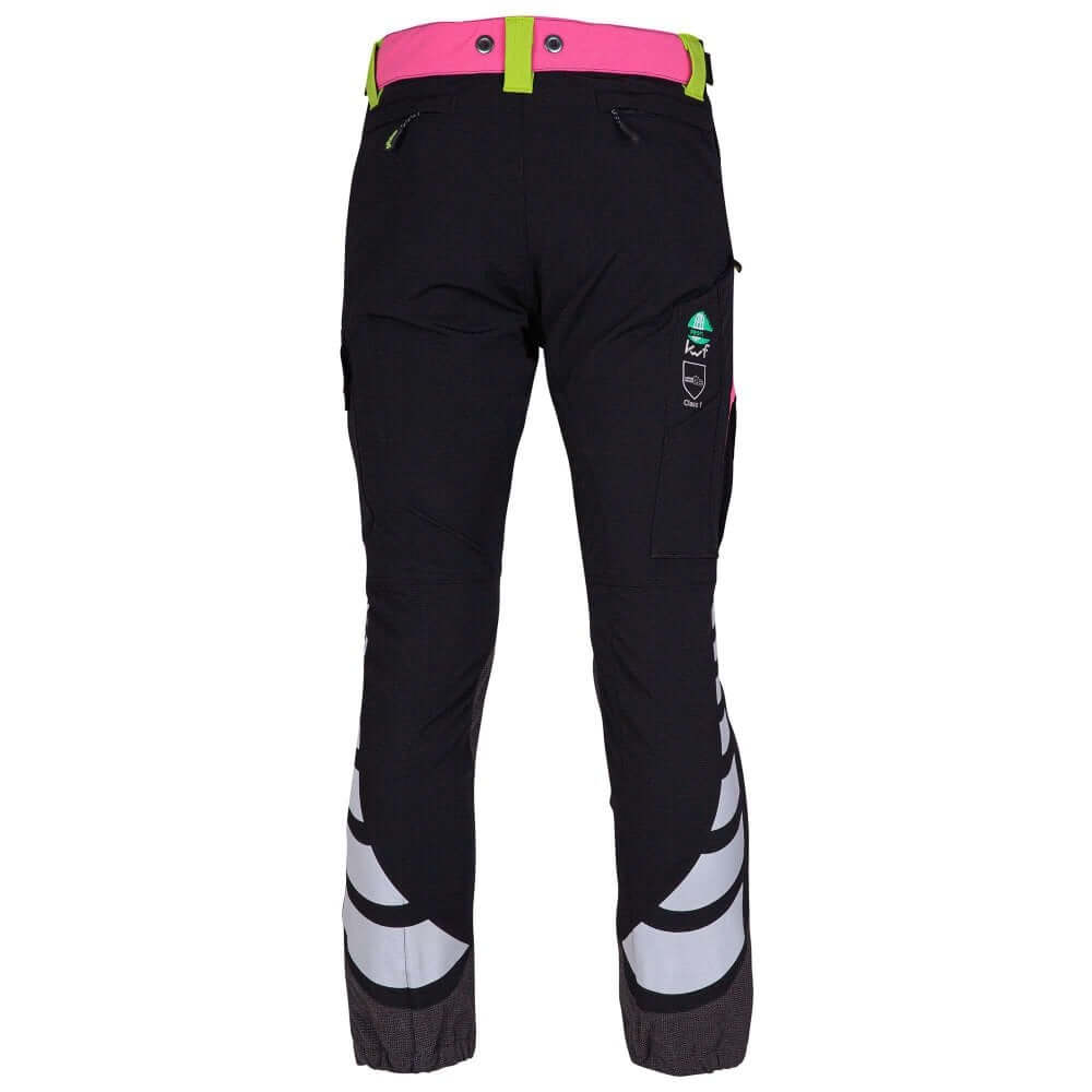 Breatheflex Pink Chainsaw Trousers for Female Tree Surgeons, featuring reinforced seams and abrasion-resistant Kevlar.