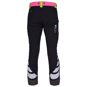 Breatheflex Pink Chainsaw Trousers for Female Tree Surgeons, featuring reinforced seams and abrasion-resistant Kevlar.