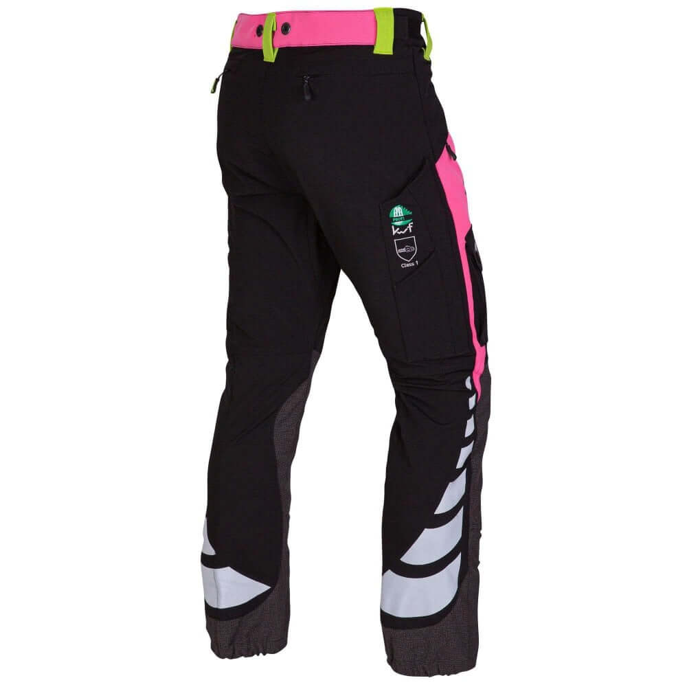 Breatheflex Chainsaw Trousers in pink, designed for female tree surgeons with reinforced seams and abrasion resistance.