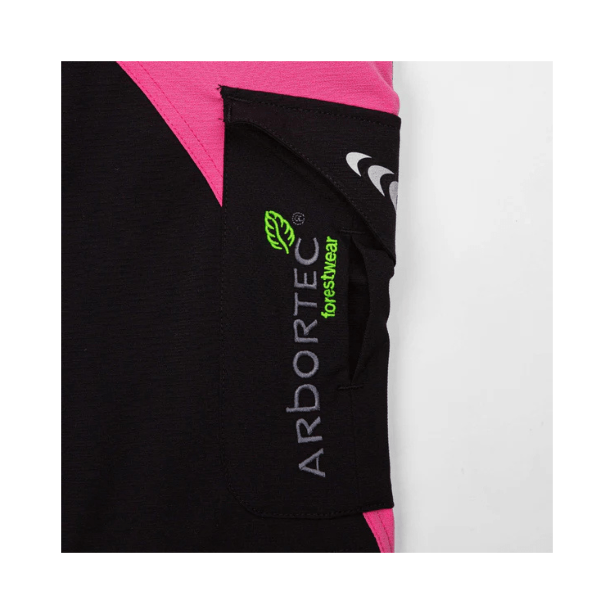 Arbortec Breatheflex Chainsaw Trousers Design Type A Womens close-up of pocket detail in black and pink.