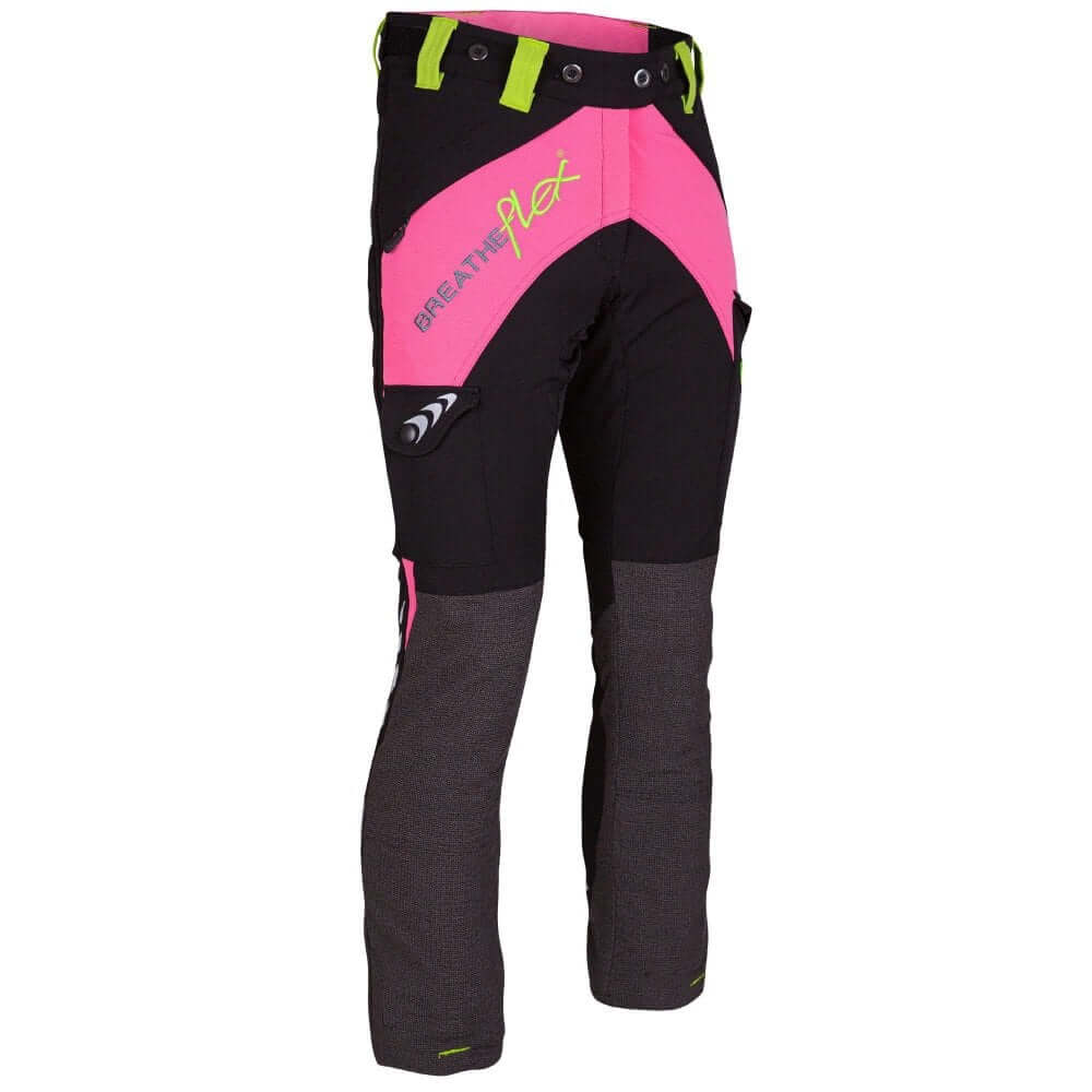 Breatheflex pink chainsaw trousers for women, designed for tree surgeons with reinforced seams and Kevlar protection.