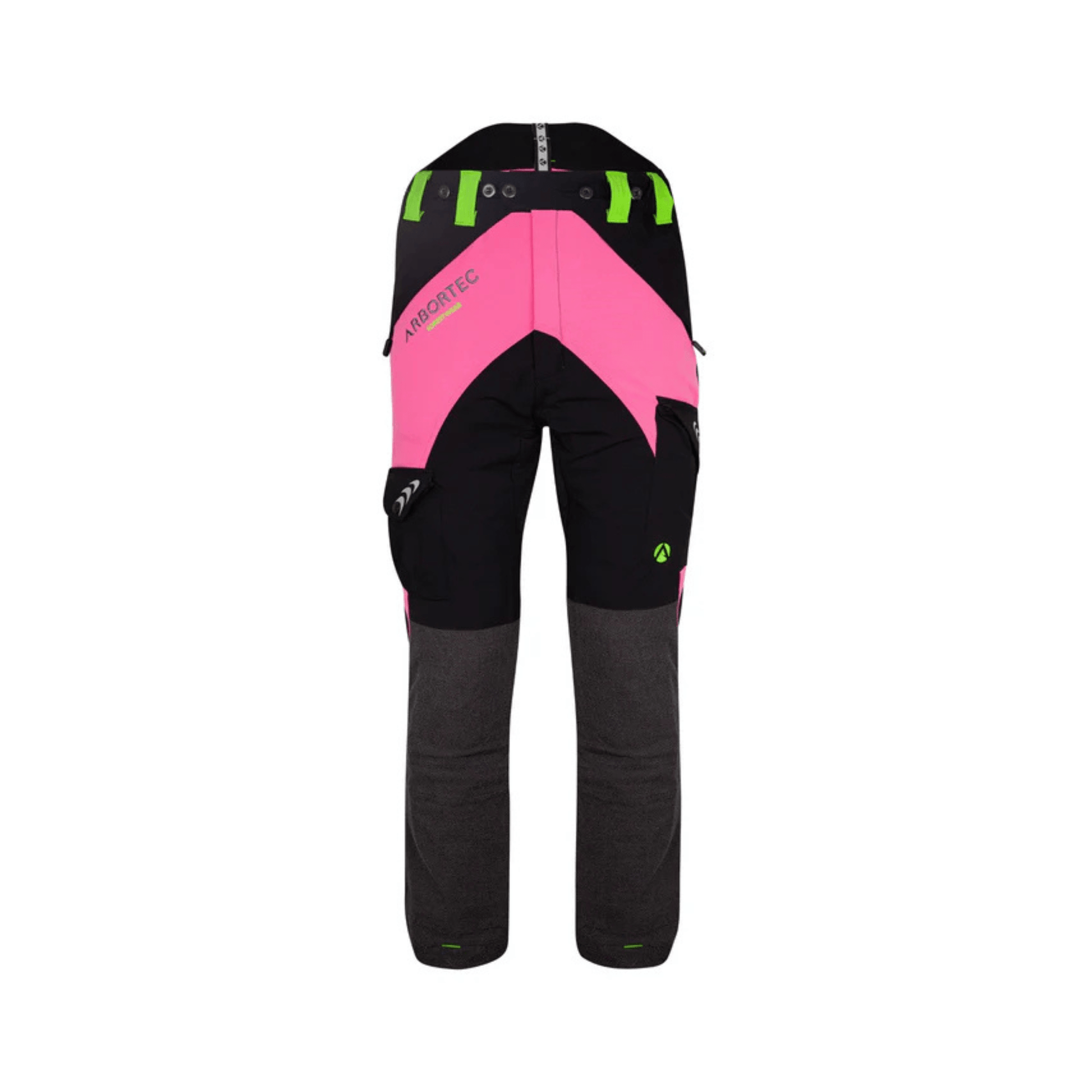 Breatheflex Chainsaw Trousers Design Type A Womens rear view showing vibrant pink and black design for tree surgeons.