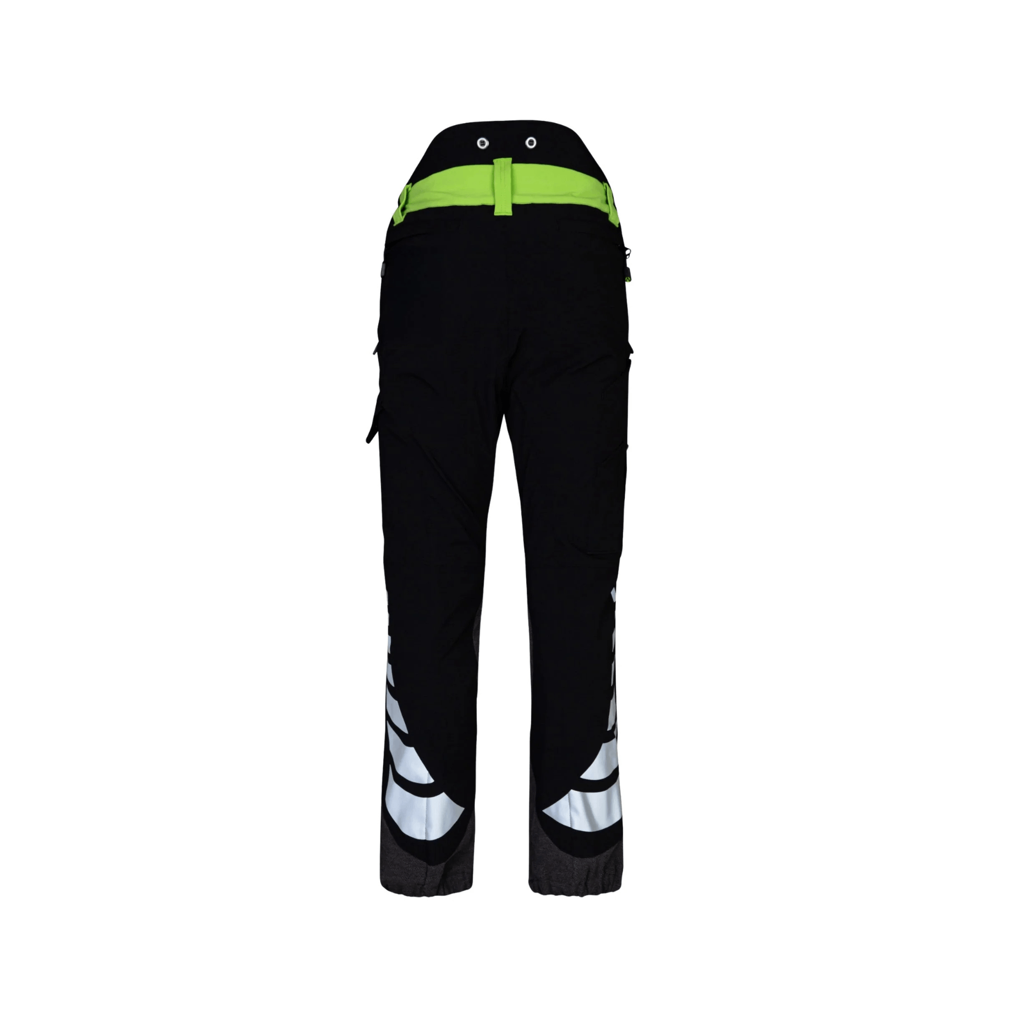 Breatheflex Chainsaw Trousers Lime Design Type C Womens back view with reflective details and black fabric.