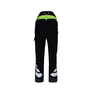 Breatheflex Chainsaw Trousers Lime Design Type C Womens back view with reflective details and black fabric.