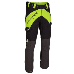 A pair of lime green and black chainsaw trousers designed for female use, featuring reinforced seams and multiple pockets.