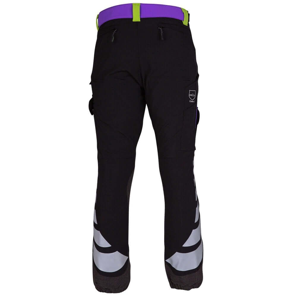 Breatheflex Chainsaw Trousers in Purple, designed for female tree surgeons with reinforced seams and durable zippers.