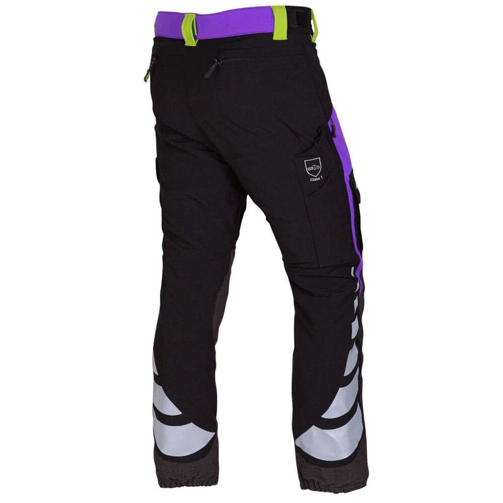 Breatheflex Chainsaw Trousers in purple and black for female tree surgeons, featuring reinforced seams and YKK zippers.
