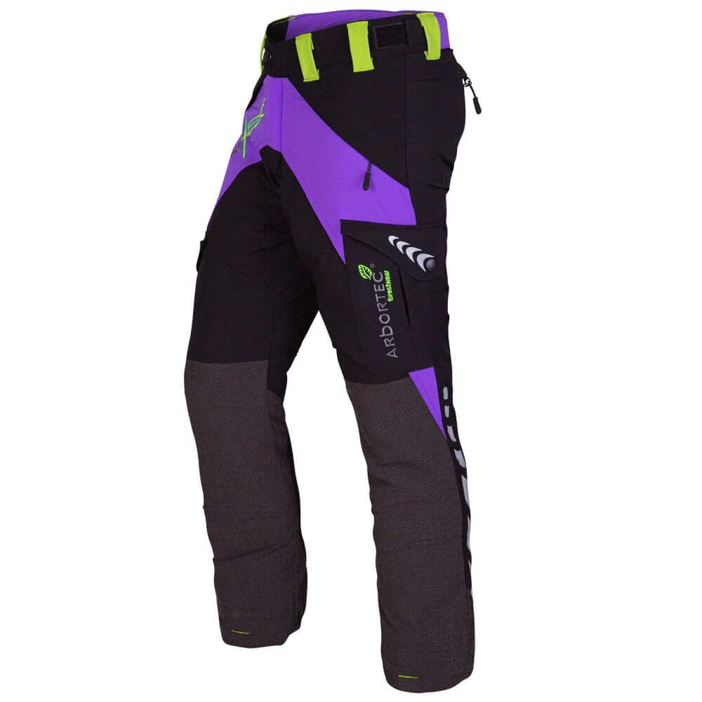 Breatheflex Chainsaw Trousers in purple for women, designed for tree surgeons with reinforced seams and durable material.