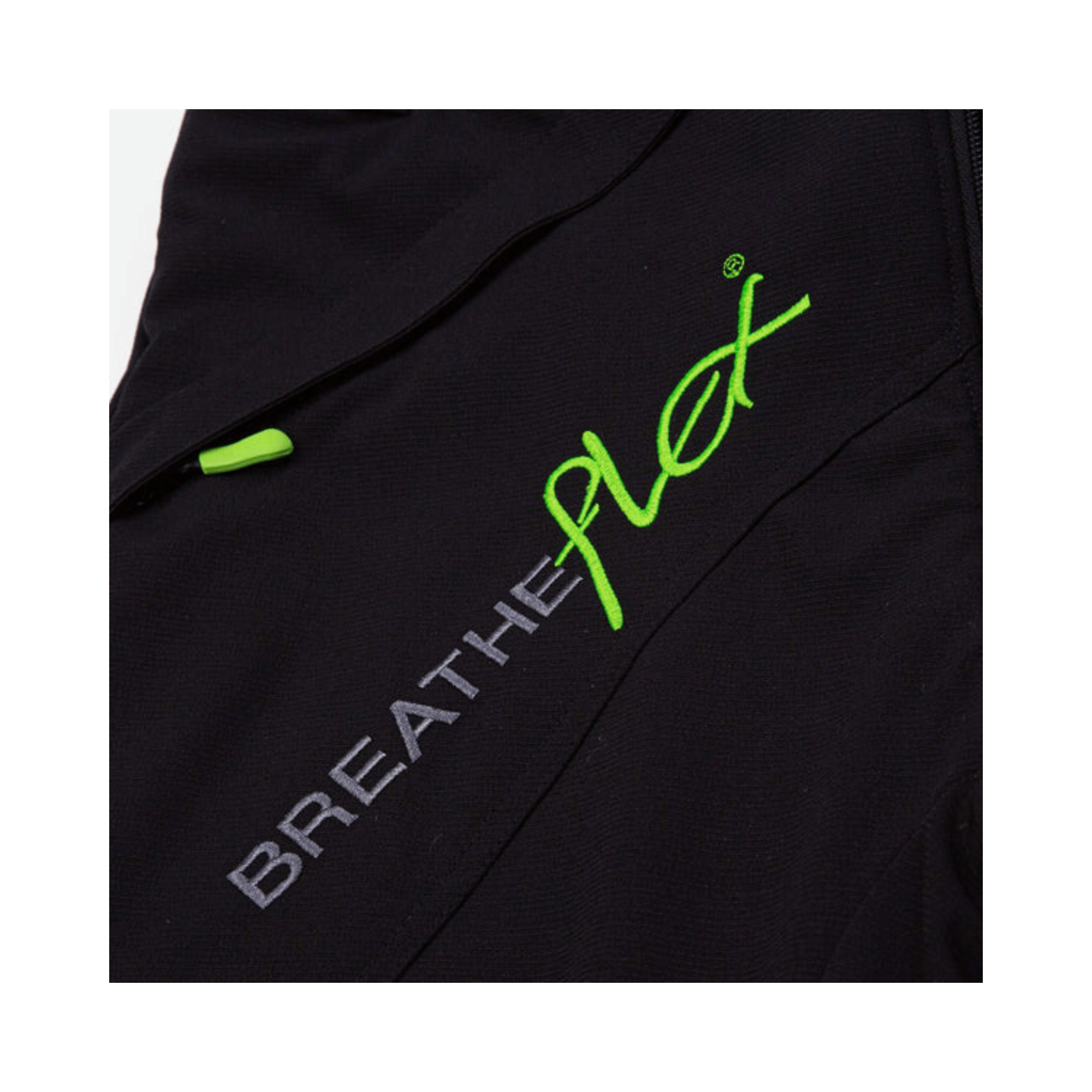 Breatheflex Chainsaw Trousers Black Type A close-up view showcasing high-quality fabric and green logo.