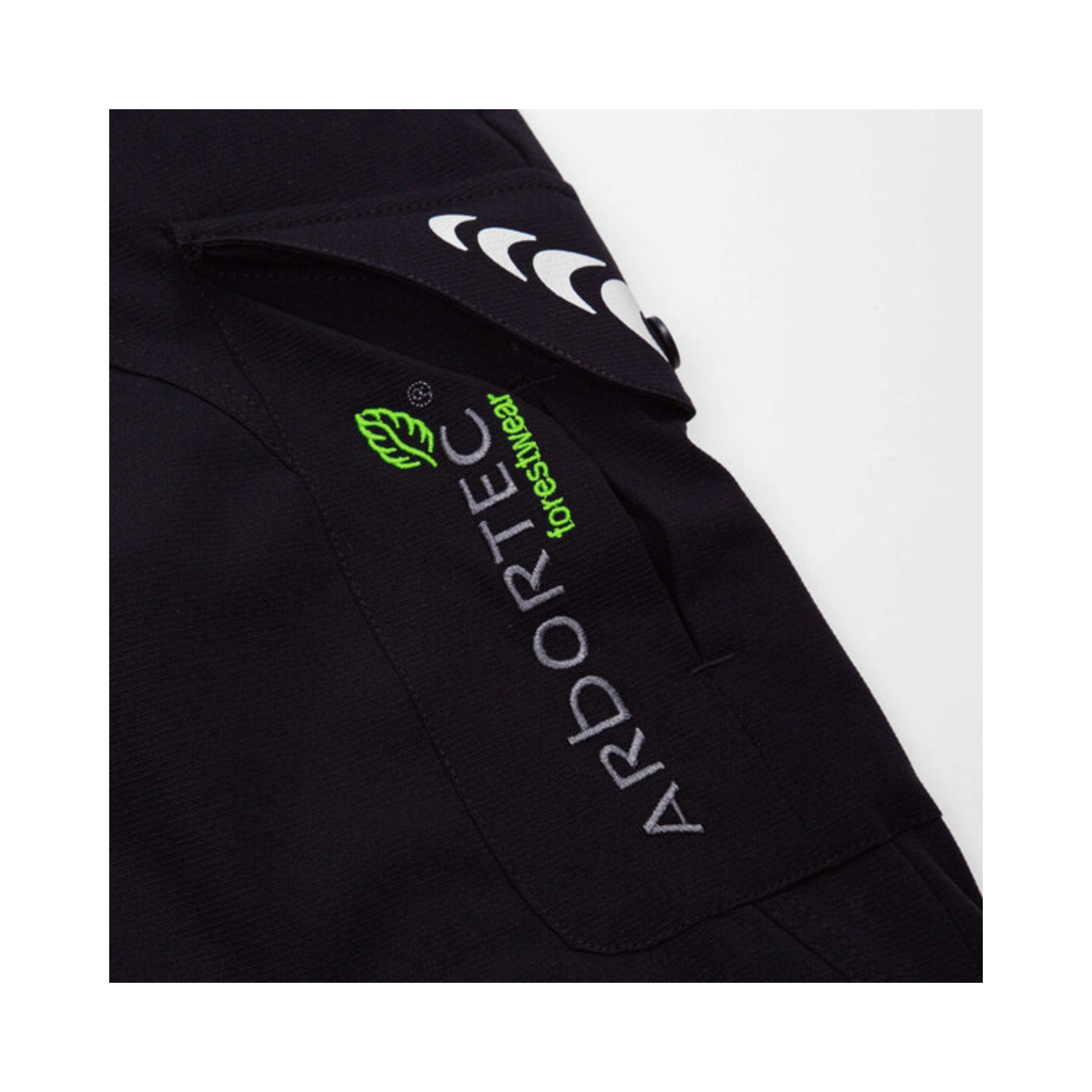 Close-up of Arbortec logo on Breatheflex Chainsaw Trousers Black Type A designed for tree surgeons and arborists.