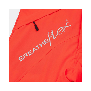 Breatheflex Chainsaw Trousers Design Type C Class 2 Hi Viz Orange close-up showing logo detail.