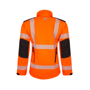 Breatheflex Performance Work Jacket Hi Vis Orange back view with reflective stripes for high visibility and mobility.