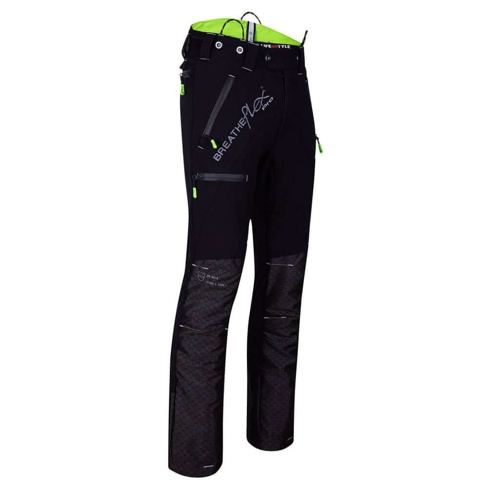 Breatheflex Pro Freestyle Chainsaw Trousers Black/Lime Type C for tree surgeons, offering protection and comfort.
