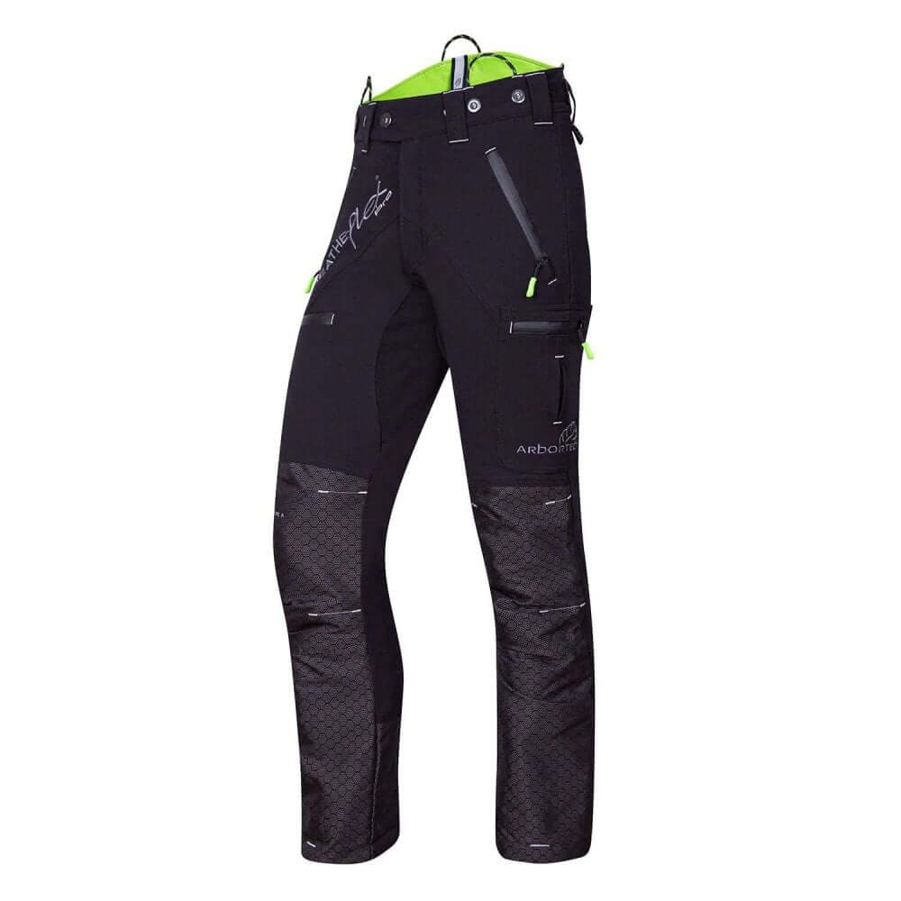 Breatheflex Pro Freestyle Chainsaw Trousers in Black and Lime, designed for tree surgeons, offering safety and comfort.