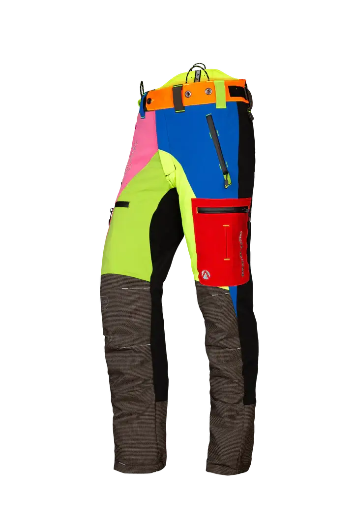 Breatheflex Pro Chainsaw Trousers in vibrant multi-color design for tree surgeons, offering leg protection and comfort.