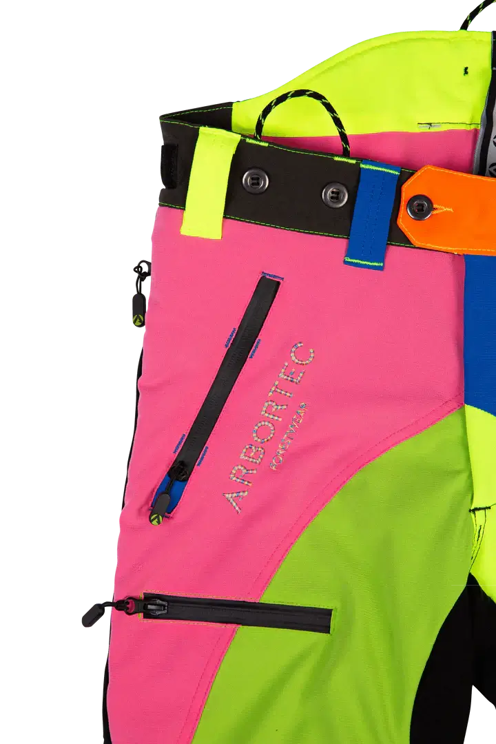 Arbortec Breatheflex Pro chainsaw trousers in vibrant multi-colour design for tree surgeons, offering safety and comfort.