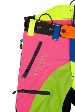 Arbortec Breatheflex Pro chainsaw trousers in vibrant multi-colour design for tree surgeons, offering safety and comfort.