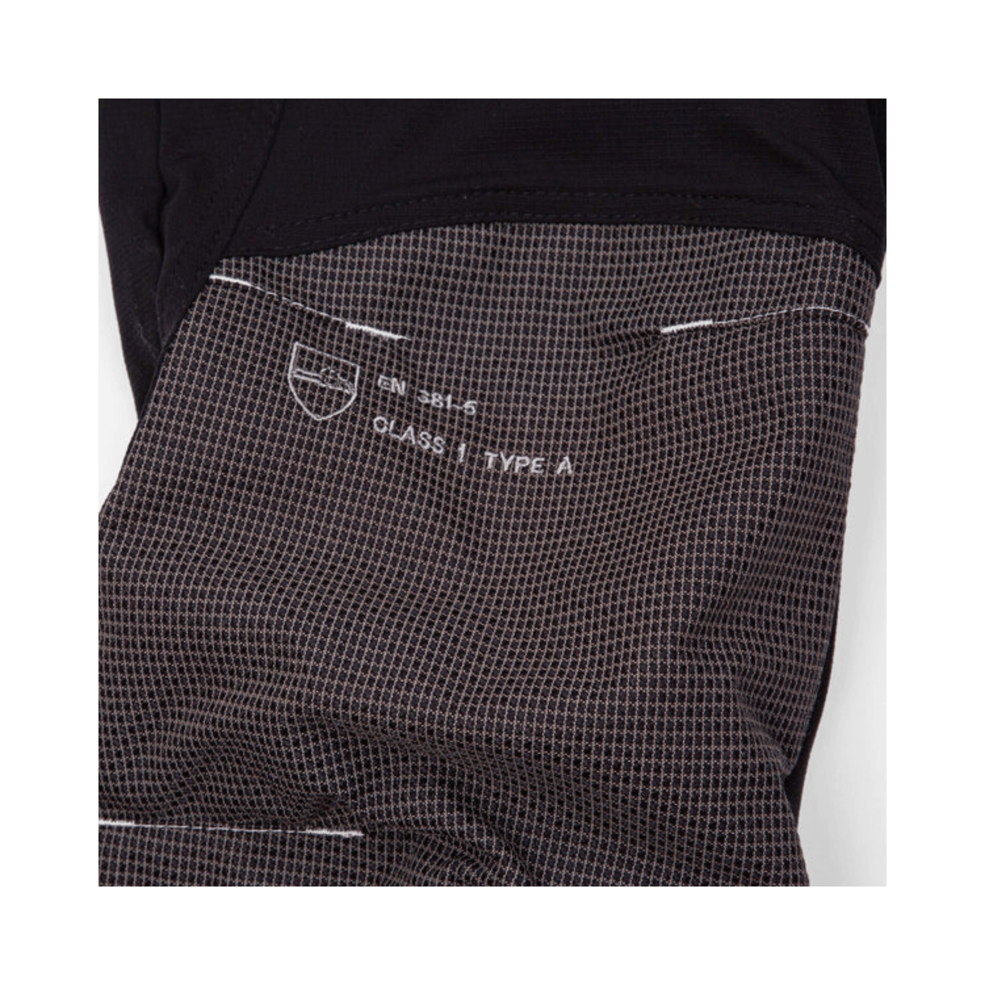 Breatheflex Pro Chainsaw Trousers Type A showing certification label and fabric detail close-up for tree surgeon use.
