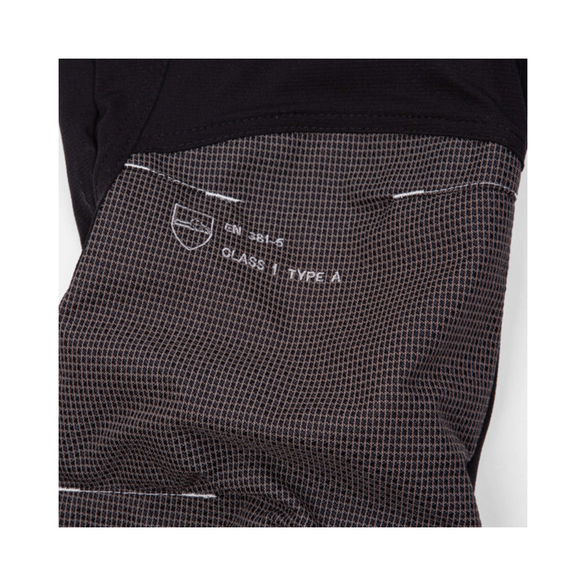 Breatheflex Pro Chainsaw Trousers Type A showing certification label and fabric detail close-up for tree surgeon use.