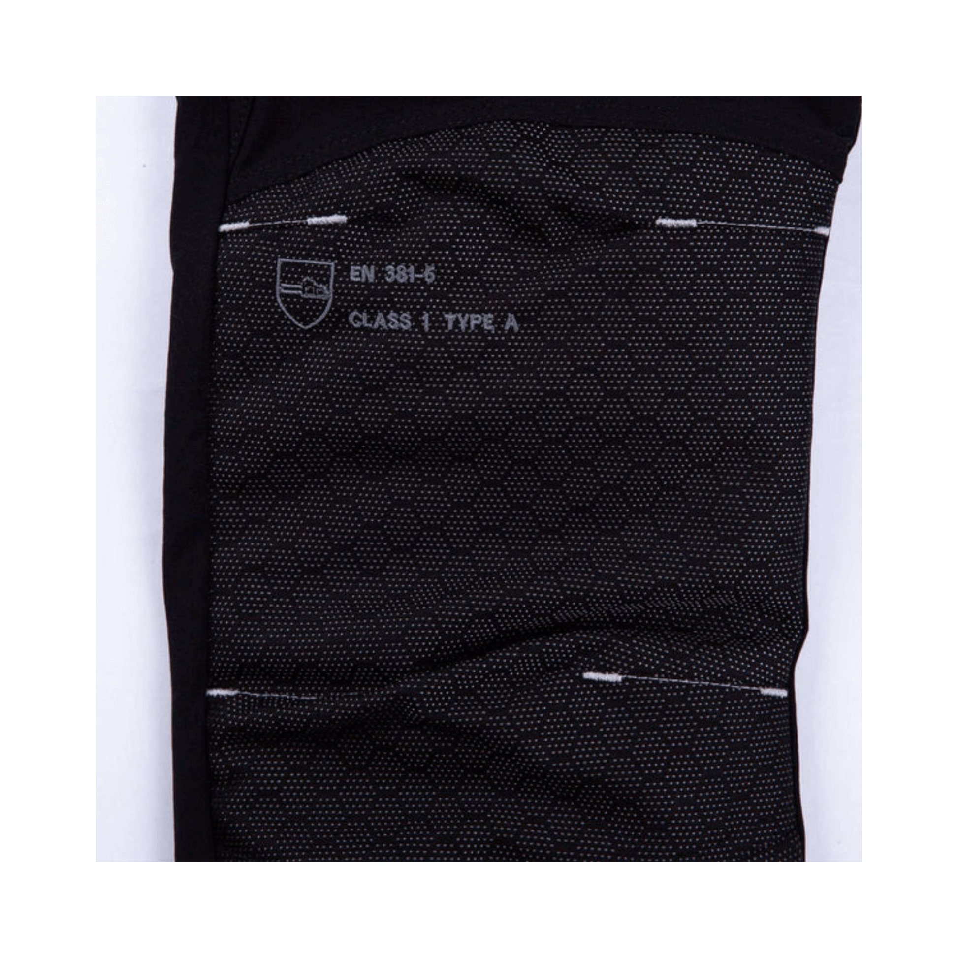 Breatheflex Pro Freestyle Chainsaw Trousers Black/Lime Type C close-up showing protective fabric and Class 1 Type A label.
