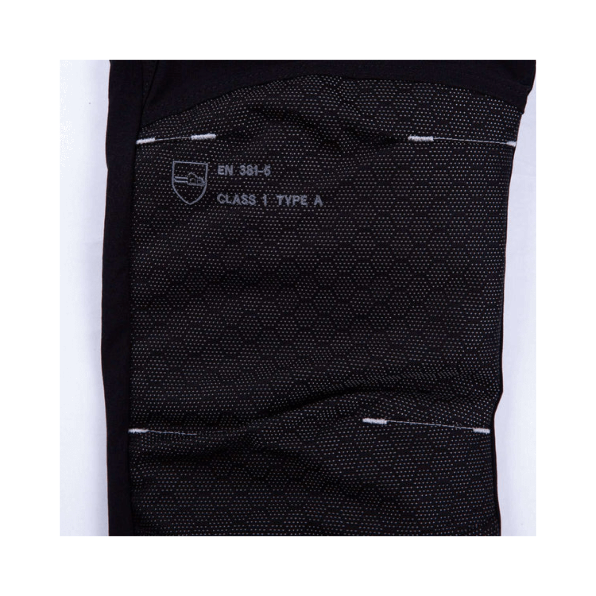 Breatheflex Pro Freestyle Chainsaw Trousers Black/Lime Type C close-up showing protective fabric and Class 1 Type A label.