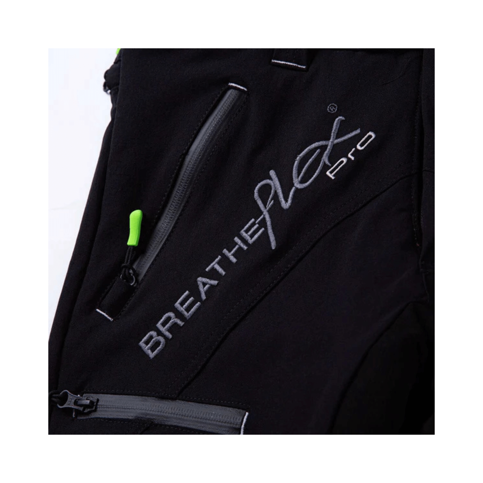 Breatheflex Pro Freestyle Chainsaw Trousers Black/Lime Type C close-up showing detailed fabric and zipper features.