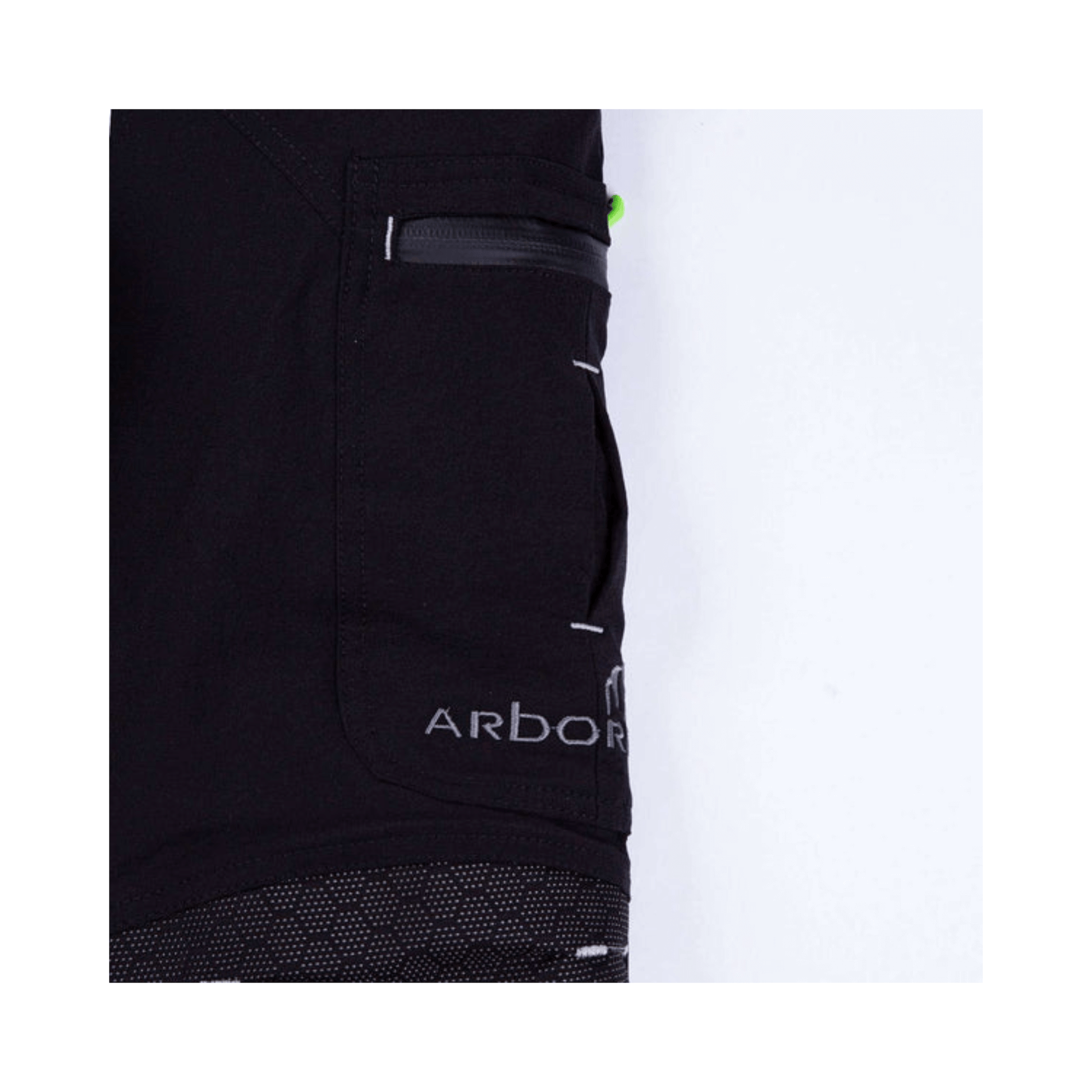 Breatheflex Pro Freestyle Chainsaw Trousers Black/Lime Type C close-up showing pocket detail and Arborist branding.