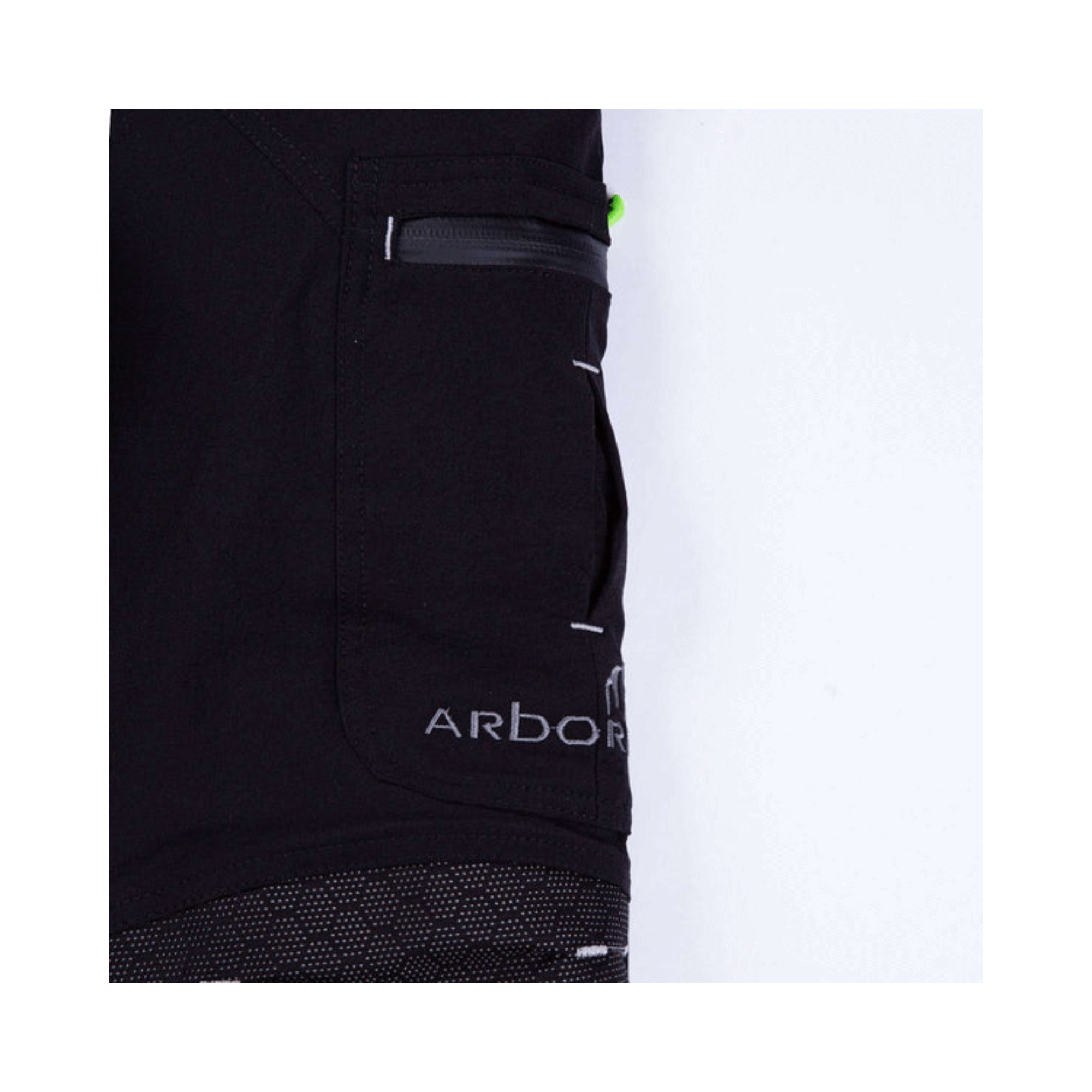 Breatheflex Pro Freestyle Chainsaw Trousers Black/Lime Type C close-up showing pocket detail and Arborist branding.