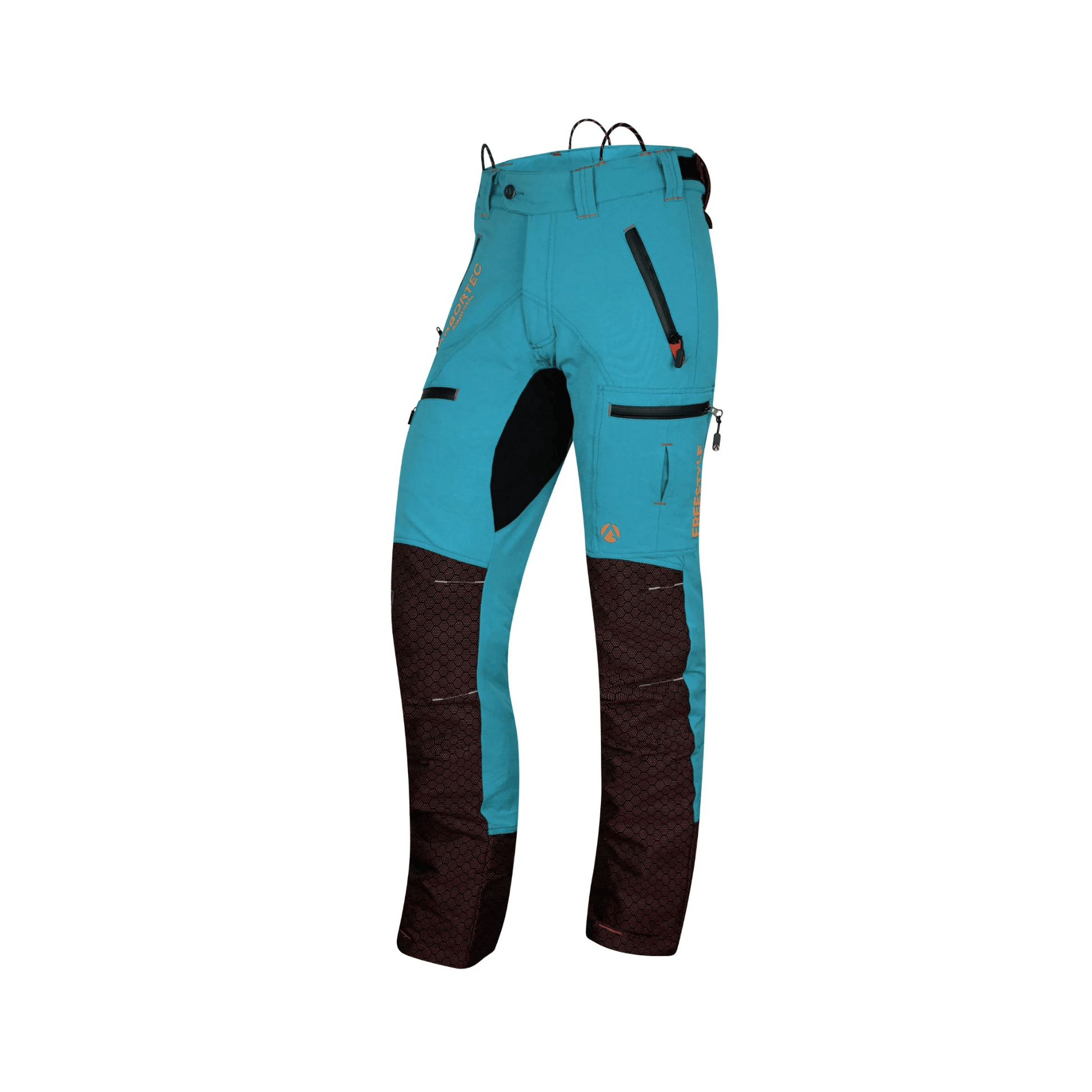 Breatheflex Pro Freestyle Chainsaw Trousers Type A in vibrant turquoise color with reinforced lower-leg panels.
