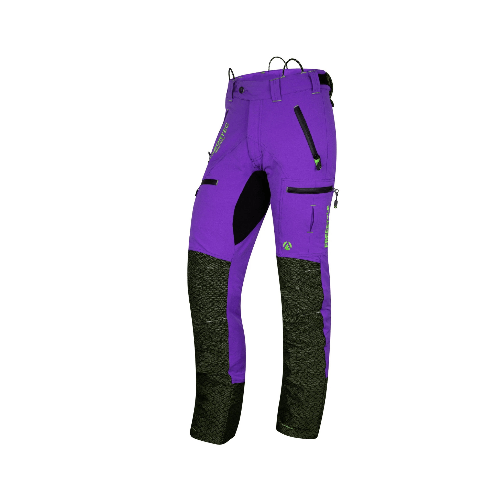 Breatheflex Pro Freestyle Chainsaw Trousers Type A in purple and black, designed for professional arborists.