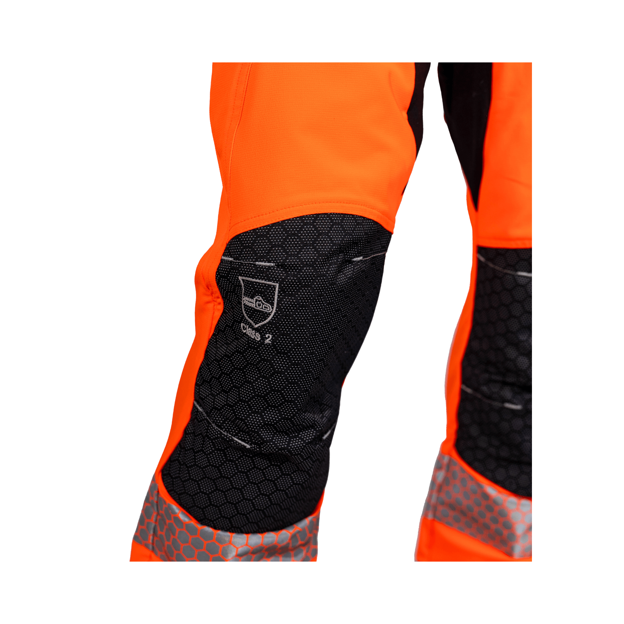 Breatheflex Pro Rail Spec Trousers Design Type C Class 2 Hi Viz Orange close-up showing knee reinforcement.