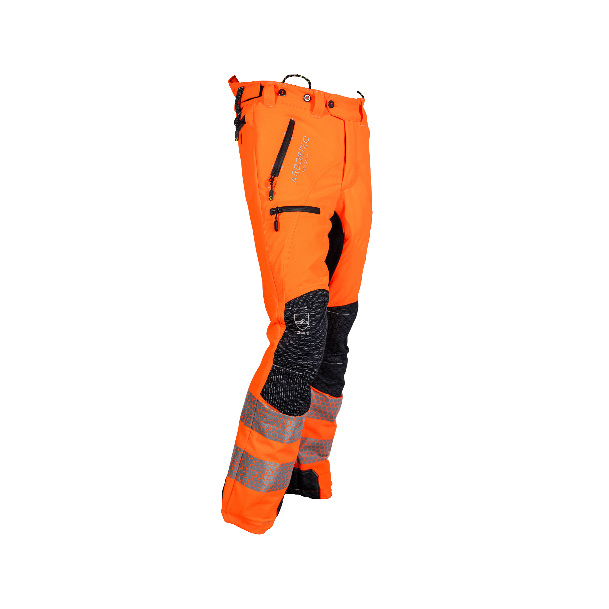Breatheflex Pro Rail Spec Trousers Design Type C Class 2 Hi Viz Orange on display with reflective strips.