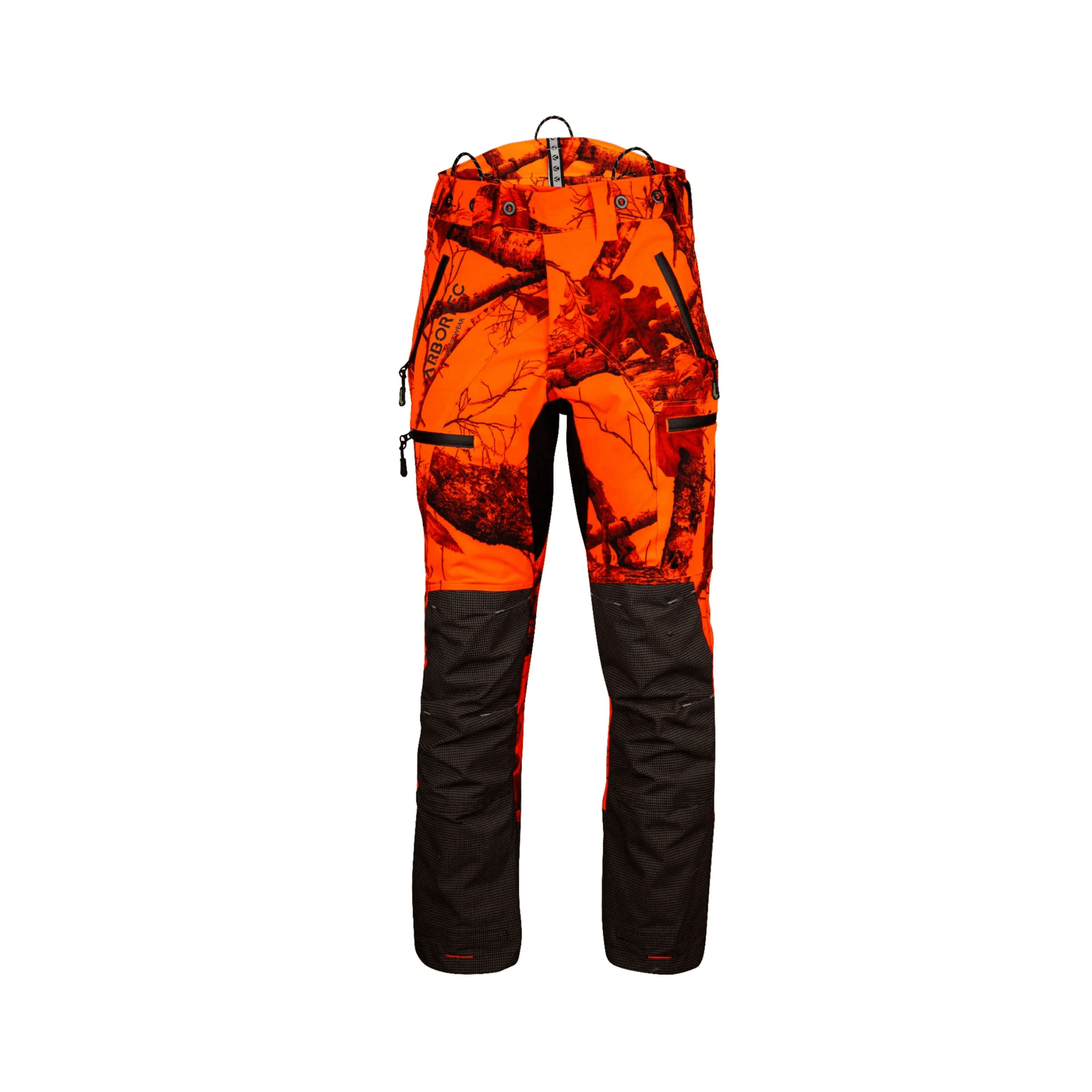 Breatheflex Pro Realtree Chainsaw Trousers Type C in vibrant orange with camouflage design for forestry professionals.
