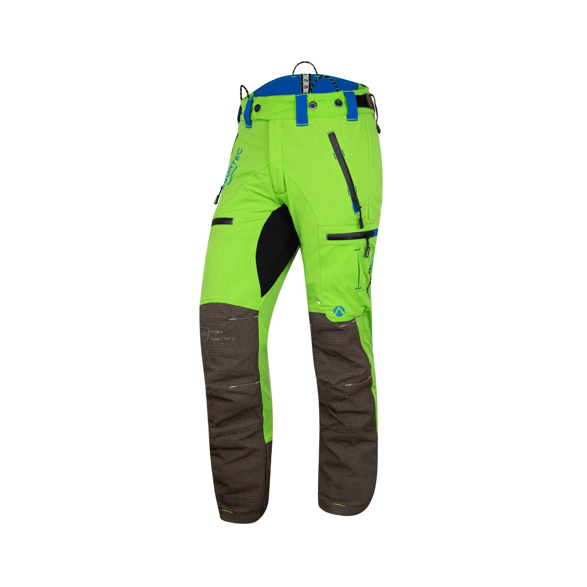Breatheflex Pro Chainsaw Trousers Type A in bright green with black and brown accents, designed for arborists.