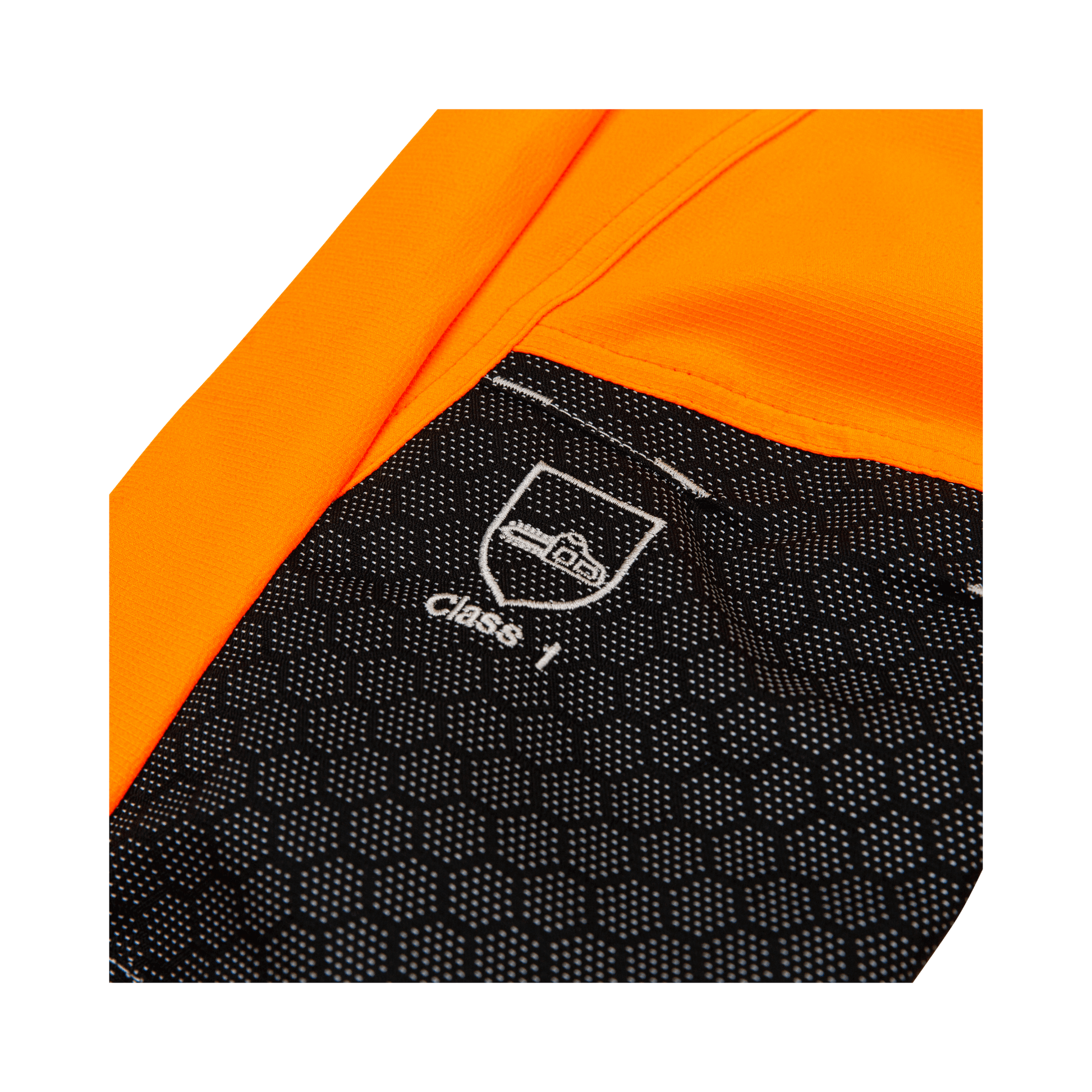 Close-up of Breatheflex Pro Womens Chainsaw Trousers Type A Hi-Vis Orange, highlighting Class 1 protection label.