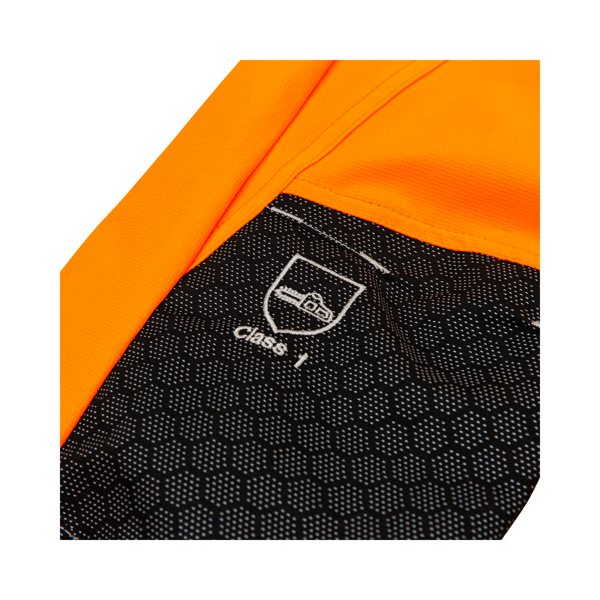 Close-up of Breatheflex Pro Womens Chainsaw Trousers Type A Hi-Vis Orange, highlighting Class 1 protection label.