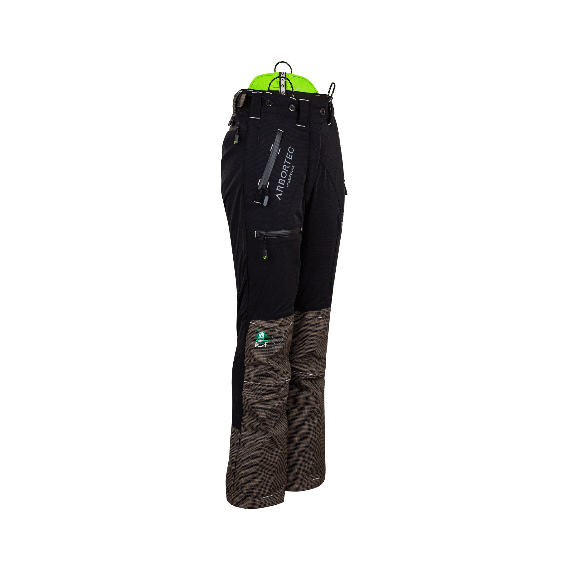 Breatheflex Pro Womens Chainsaw Trousers Type C Black displayed on a hanger, showcasing its durable design.