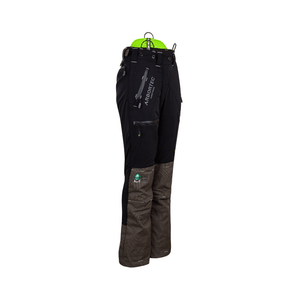 Breatheflex Pro Womens Chainsaw Trousers Type C Black displayed on a hanger, showcasing its durable design.
