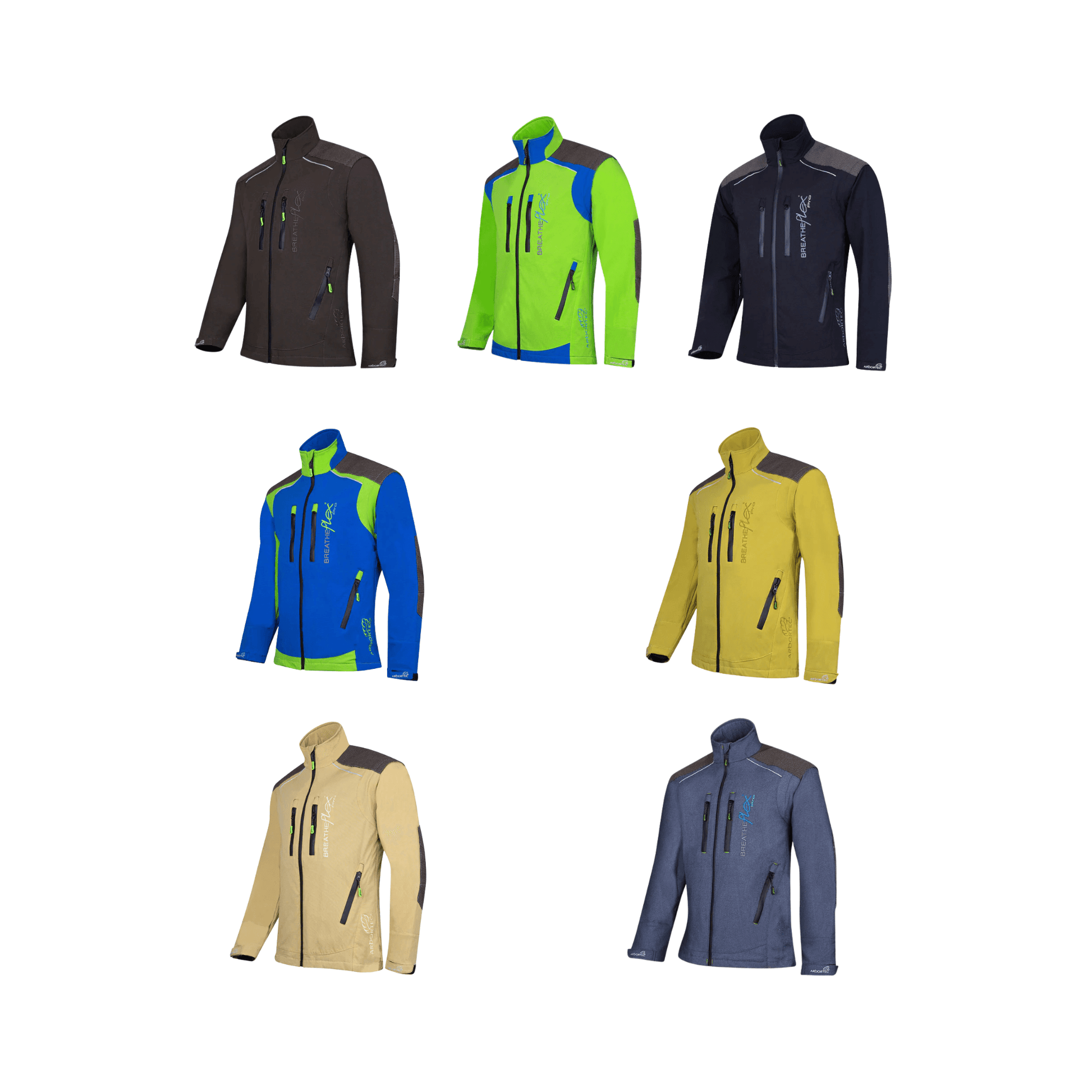 Breatheflex Pro Work Jacket collection featuring various colors for arborists and tree surgeons.